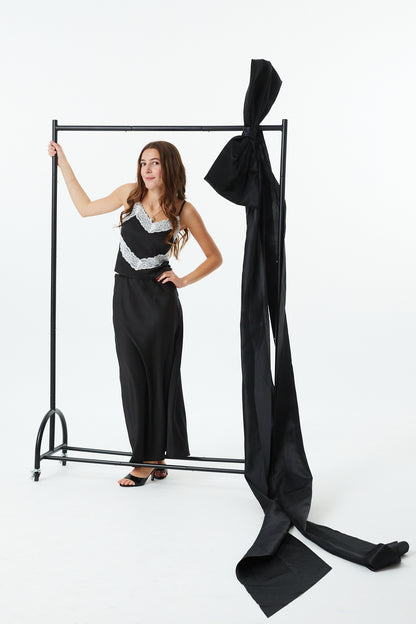 Margot Black With Cream Lace Satin Tank With Lace Trim