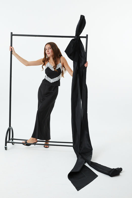 Margot Black With Cream Lace Satin Tank With Lace Trim