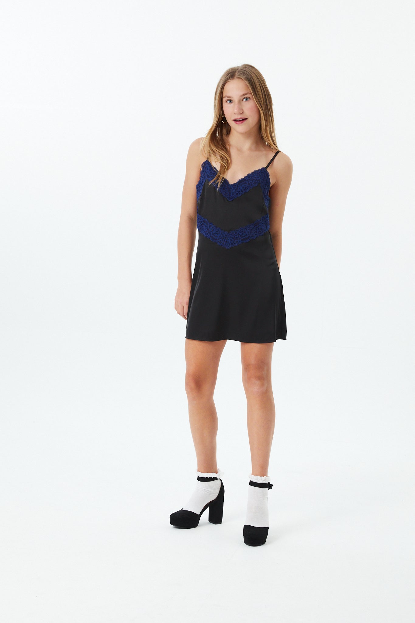 Jewels Black With Navy Lace Satin Dress With Lace Trim