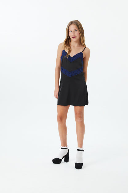 Jewels Black With Navy Lace Satin Dress With Lace Trim
