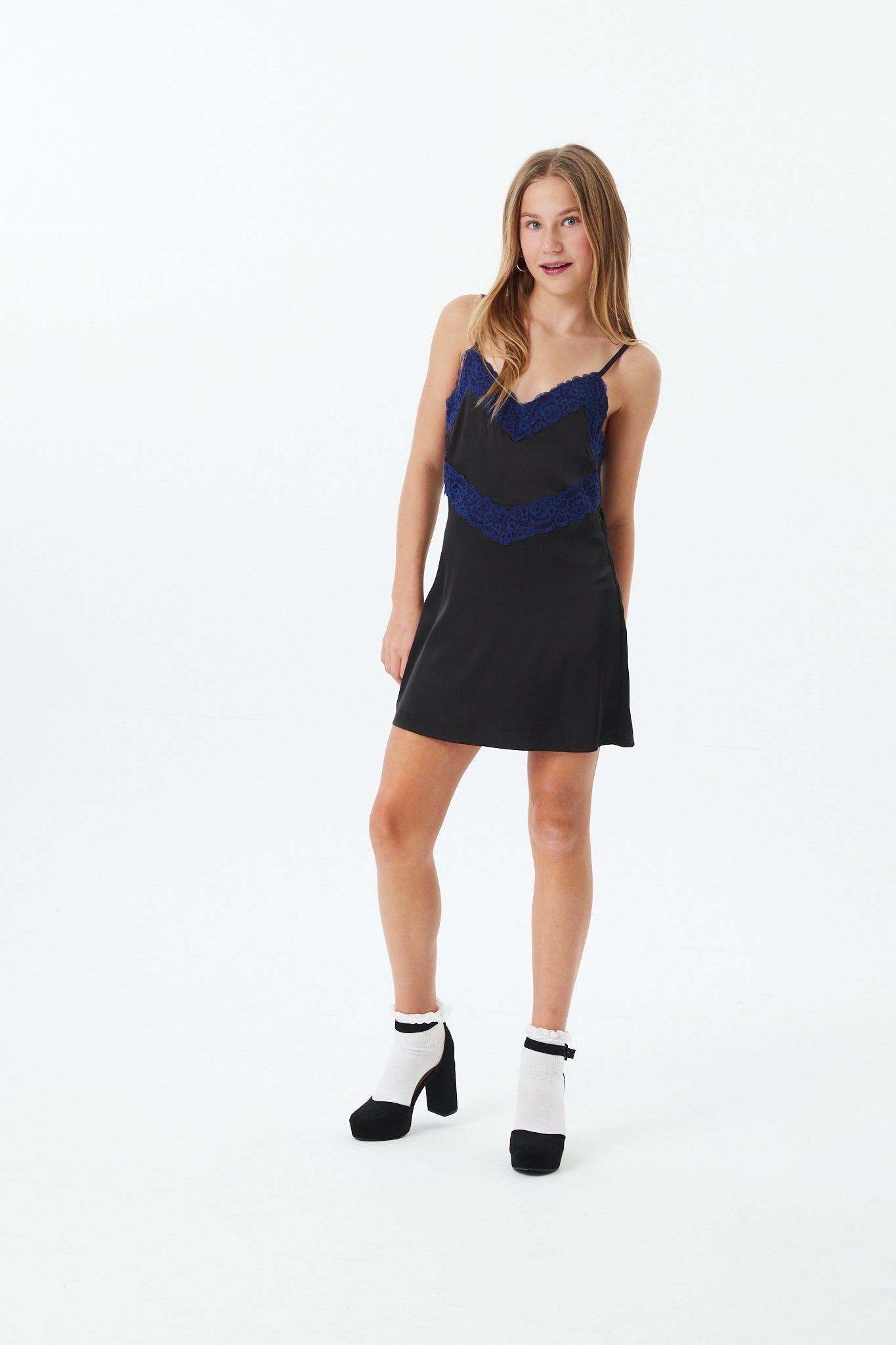 Jewels Black With Navy Lace Satin Dress With Lace Trim