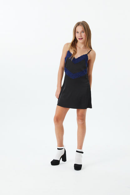 Jewels Black With Navy Lace Satin Dress With Lace Trim