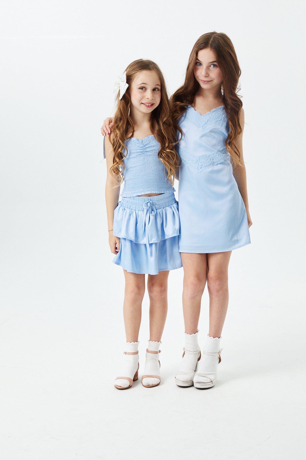 Jewels Sky With Sky Lace Satin Dress With Lace Trim