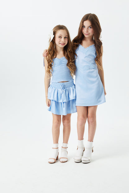 Jewels Sky With Sky Lace Satin Dress With Lace Trim
