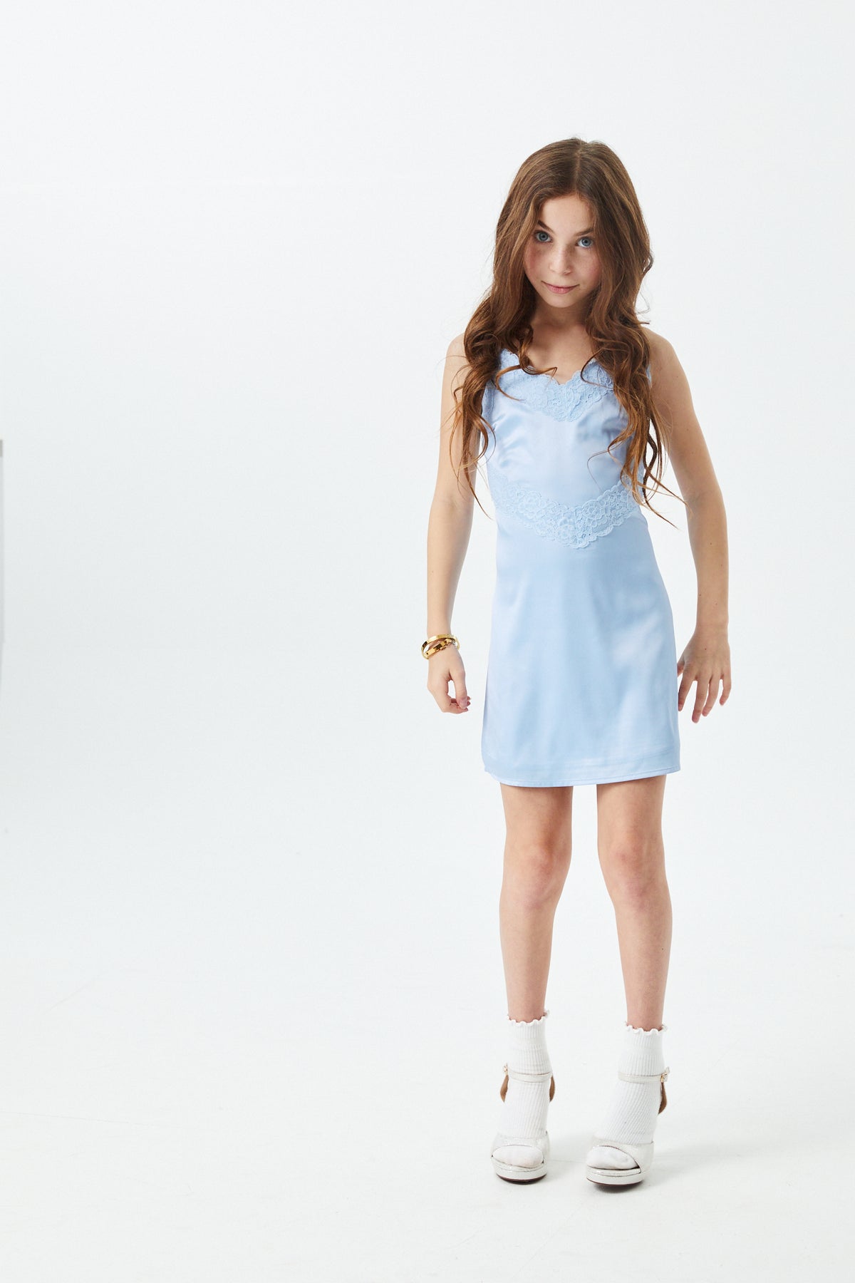 Jewels Sky With Sky Lace Satin Dress With Lace Trim