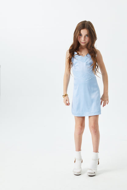 Jewels Sky With Sky Lace Satin Dress With Lace Trim