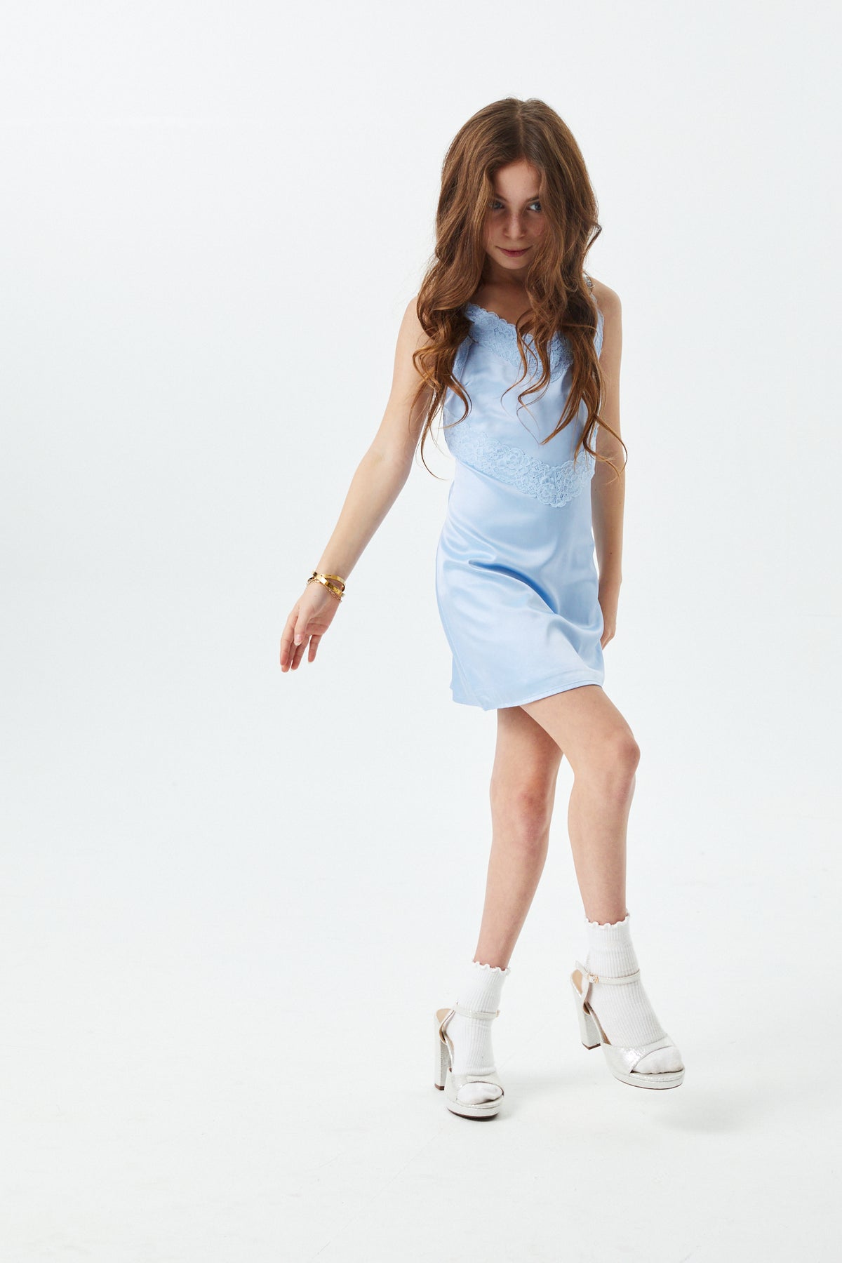 Jewels Sky With Sky Lace Satin Dress With Lace Trim