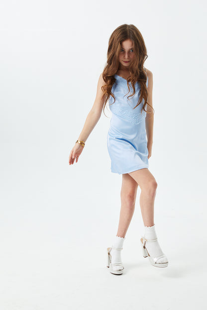 Jewels Sky With Sky Lace Satin Dress With Lace Trim
