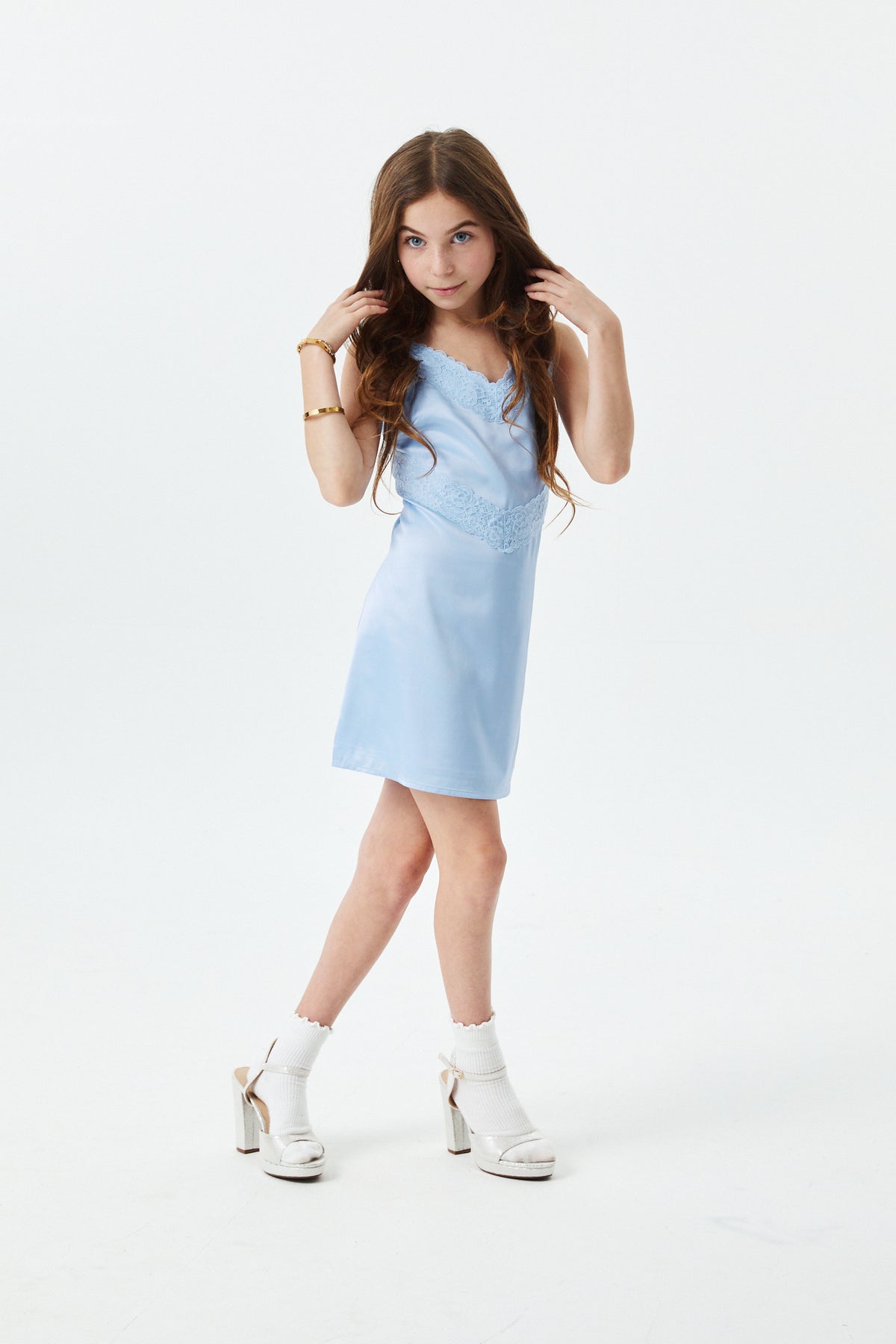 Jewels Sky With Sky Lace Satin Dress With Lace Trim