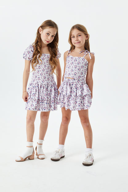 Lexi Romantic Rose Satin Smocked Short Sleeve Ruffle Dress