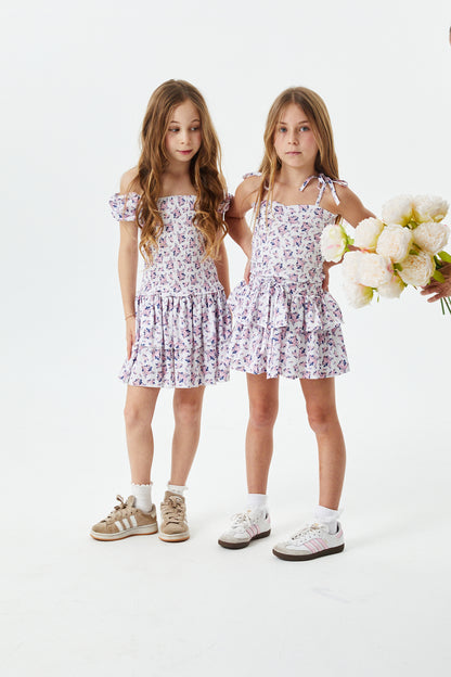 Lexi Romantic Rose Satin Smocked Short Sleeve Ruffle Dress
