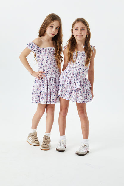 Lexi Romantic Rose Satin Smocked Short Sleeve Ruffle Dress