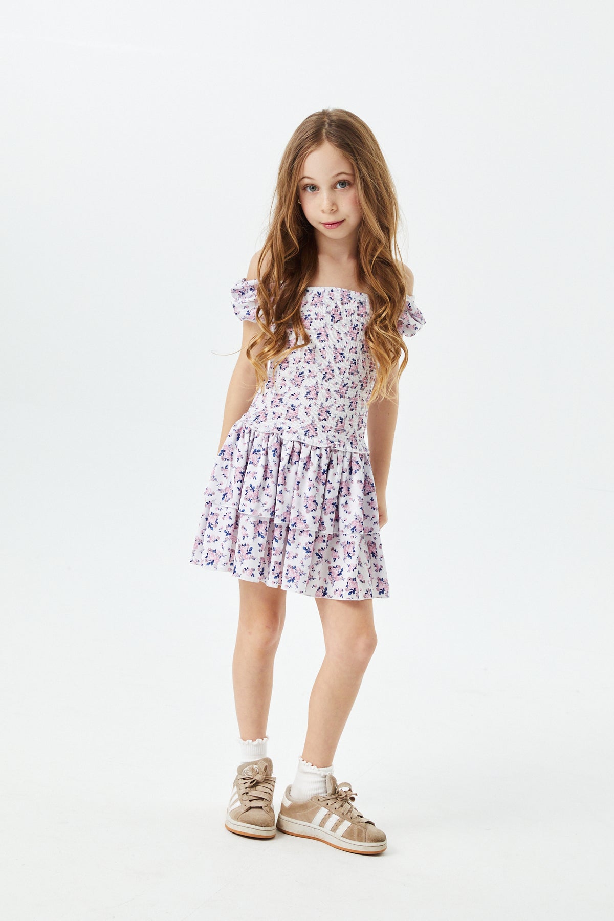 Lexi Romantic Rose Satin Smocked Short Sleeve Ruffle Dress