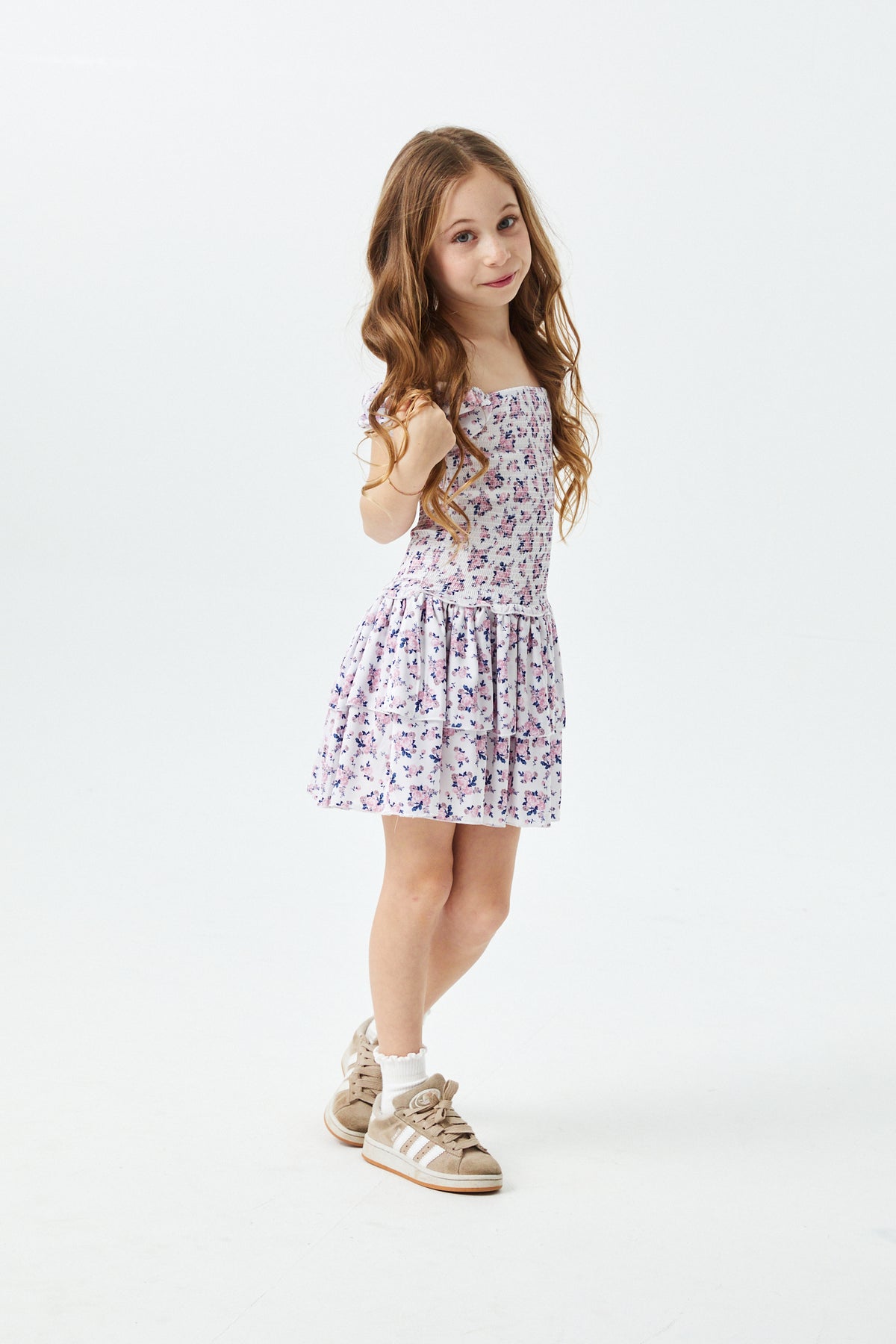 Lexi Romantic Rose Satin Smocked Short Sleeve Ruffle Dress