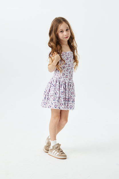 Lexi Romantic Rose Satin Smocked Short Sleeve Ruffle Dress