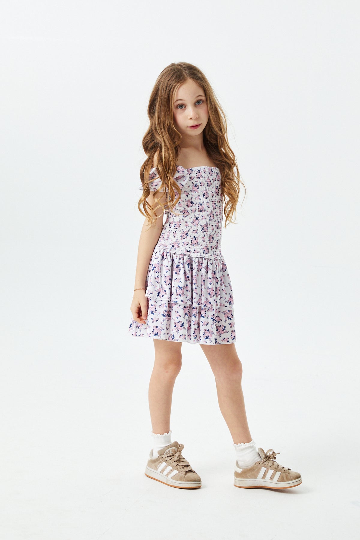 Lexi Romantic Rose Satin Smocked Short Sleeve Ruffle Dress