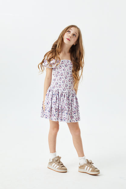 Lexi Romantic Rose Satin Smocked Short Sleeve Ruffle Dress