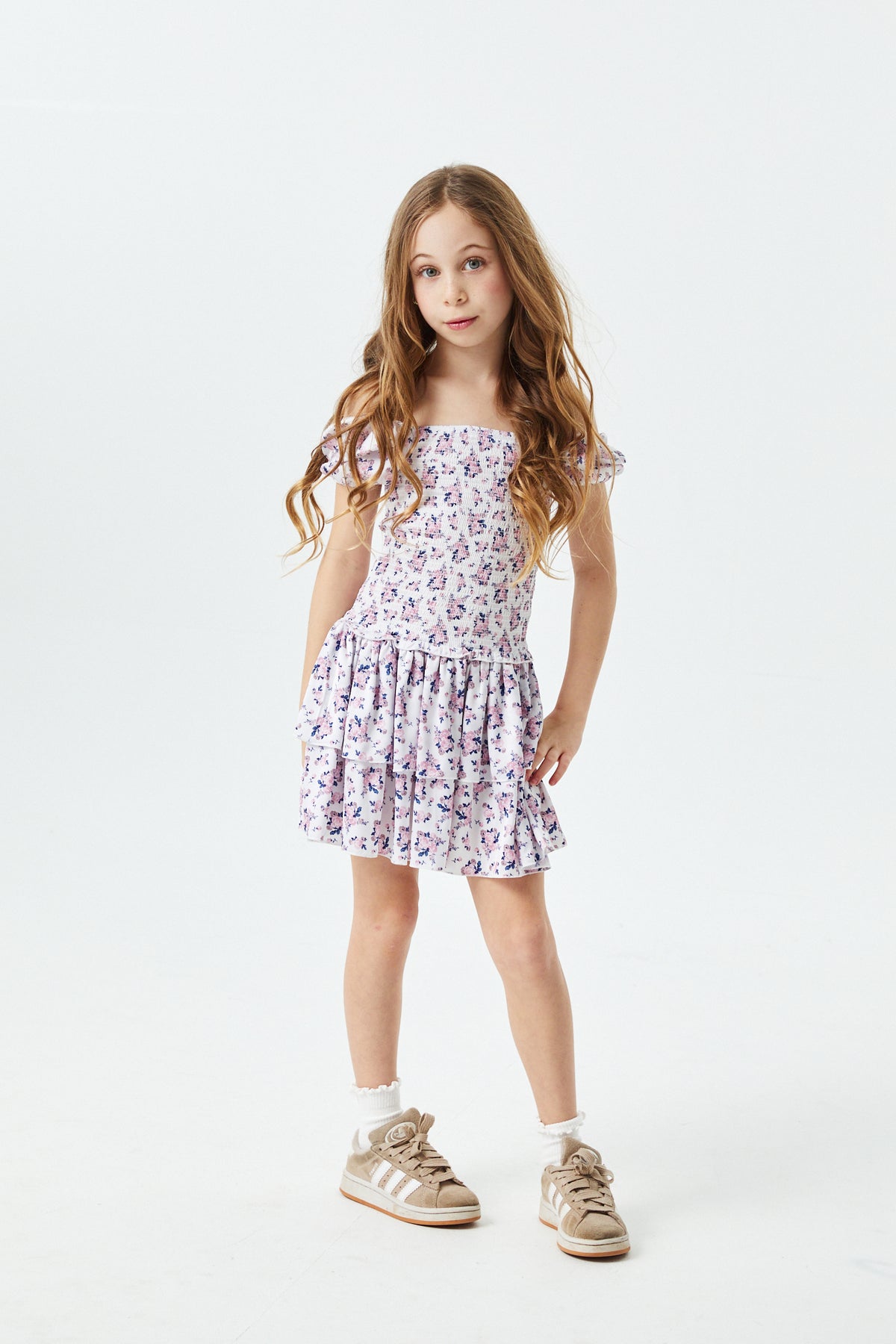 Lexi Romantic Rose Satin Smocked Short Sleeve Ruffle Dress