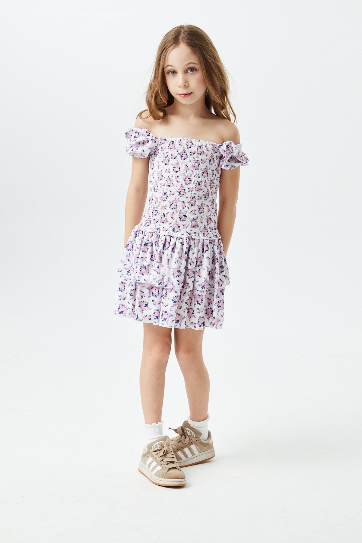 Lexi Romantic Rose Satin Smocked Short Sleeve Ruffle Dress