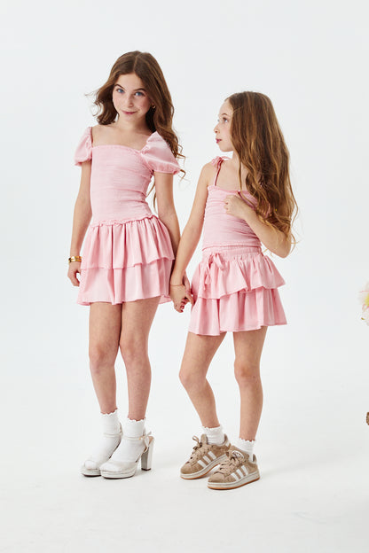 Lexi Ballet Pink Satin Smocked Short Sleeve Ruffle Dress