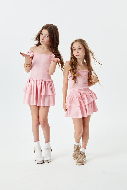 Lexi Ballet Pink Satin Smocked Short Sleeve Ruffle Dress