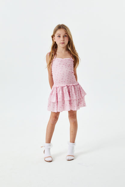 Lola Theme Ditsy Ballet Pink Satin Smocked Ruffle Dress