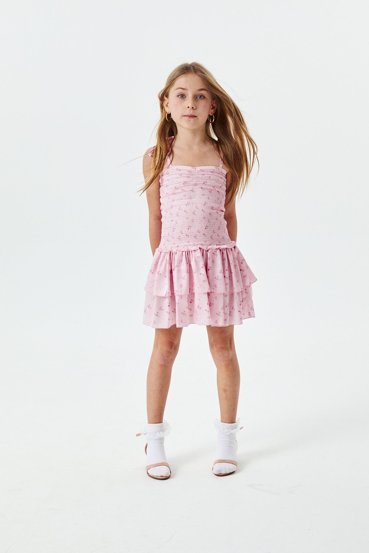 Lola Theme Ditsy Ballet Pink Satin Smocked Ruffle Dress