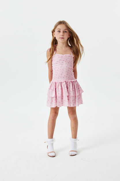 Lola Theme Ditsy Ballet Pink Satin Smocked Ruffle Dress