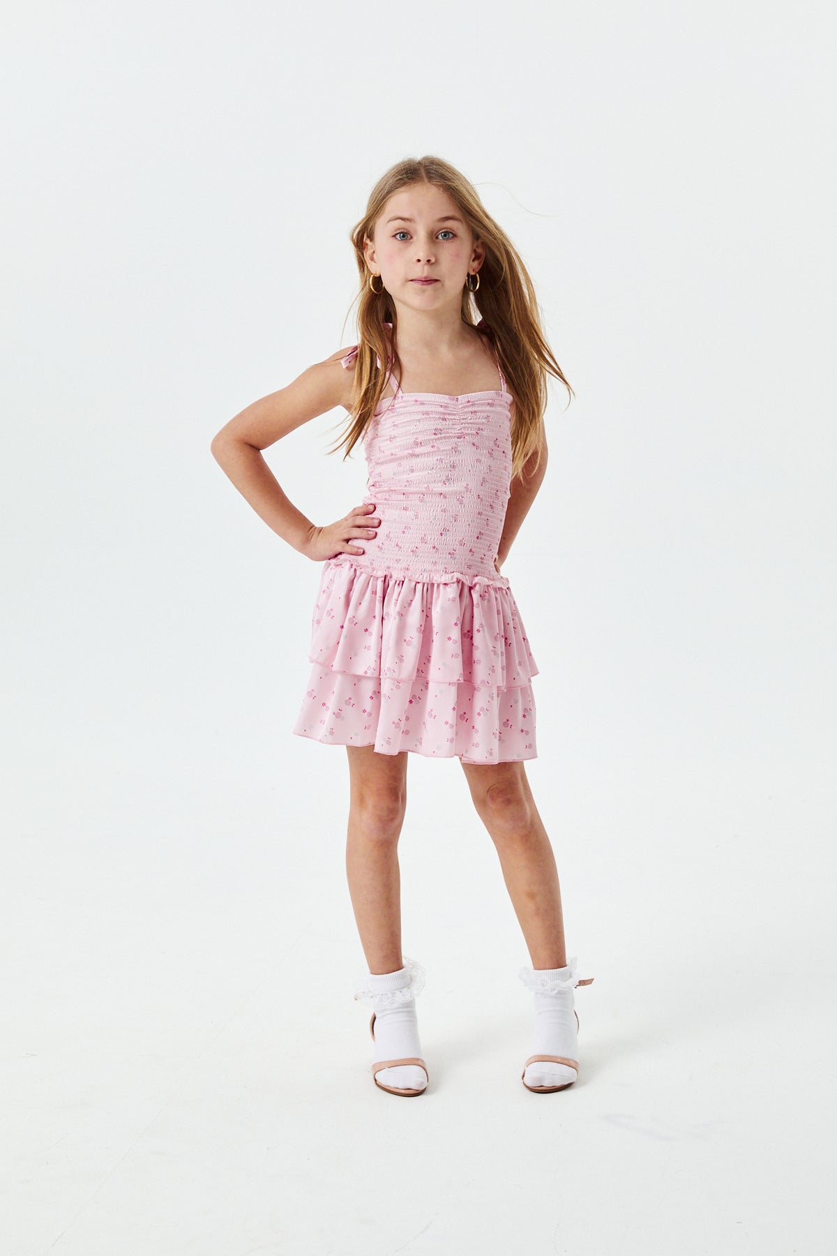 Lola Theme Ditsy Ballet Pink Satin Smocked Ruffle Dress