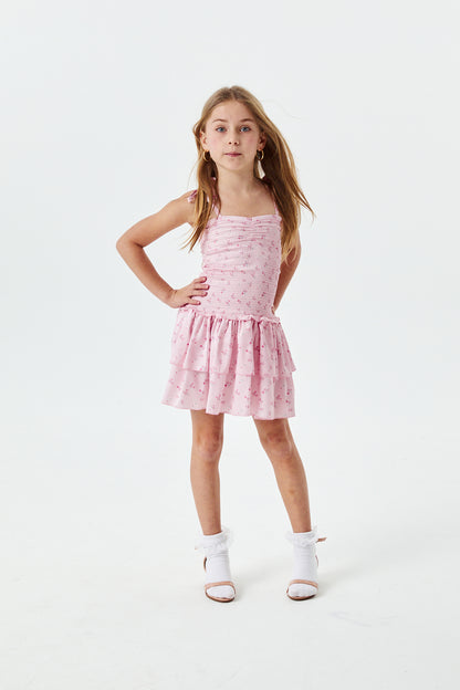 Lola Theme Ditsy Ballet Pink Satin Smocked Ruffle Dress