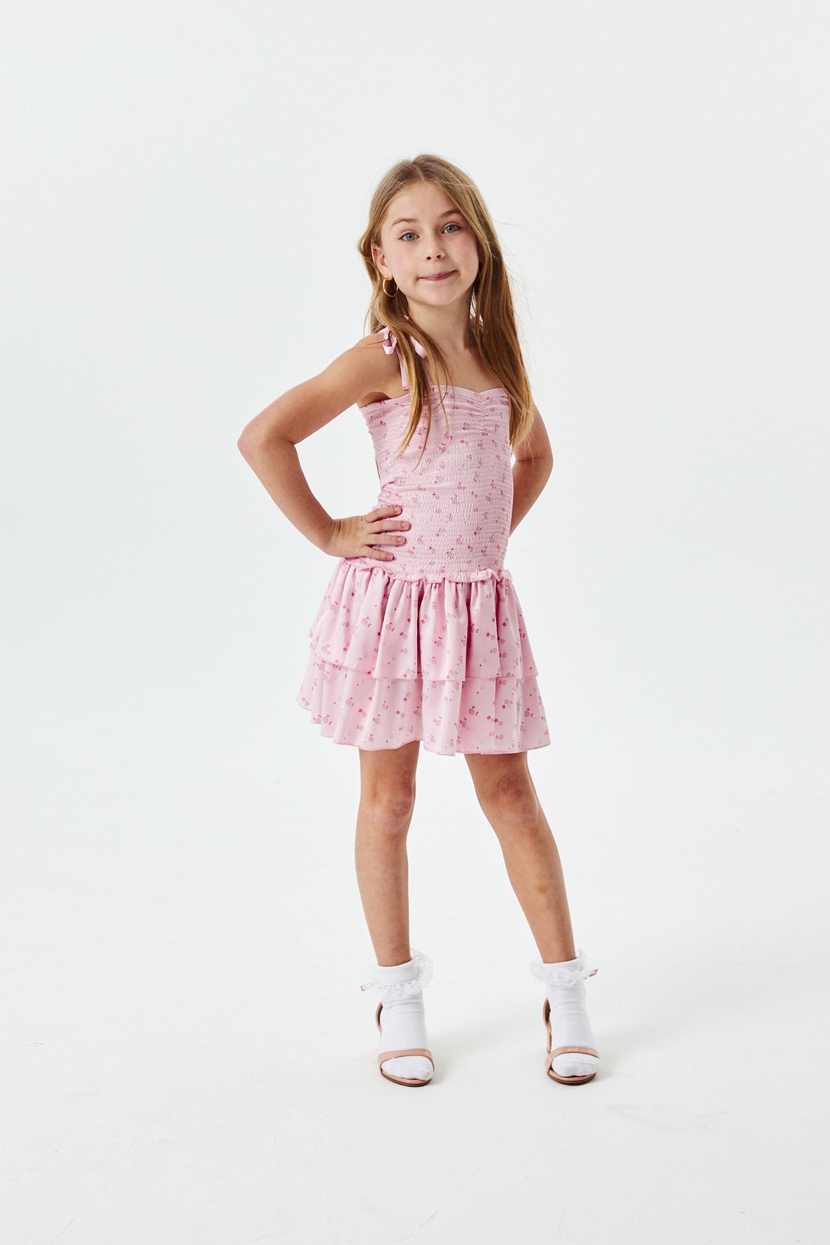 Lola Theme Ditsy Ballet Pink Satin Smocked Ruffle Dress