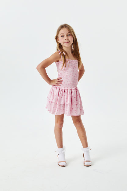 Lola Theme Ditsy Ballet Pink Satin Smocked Ruffle Dress