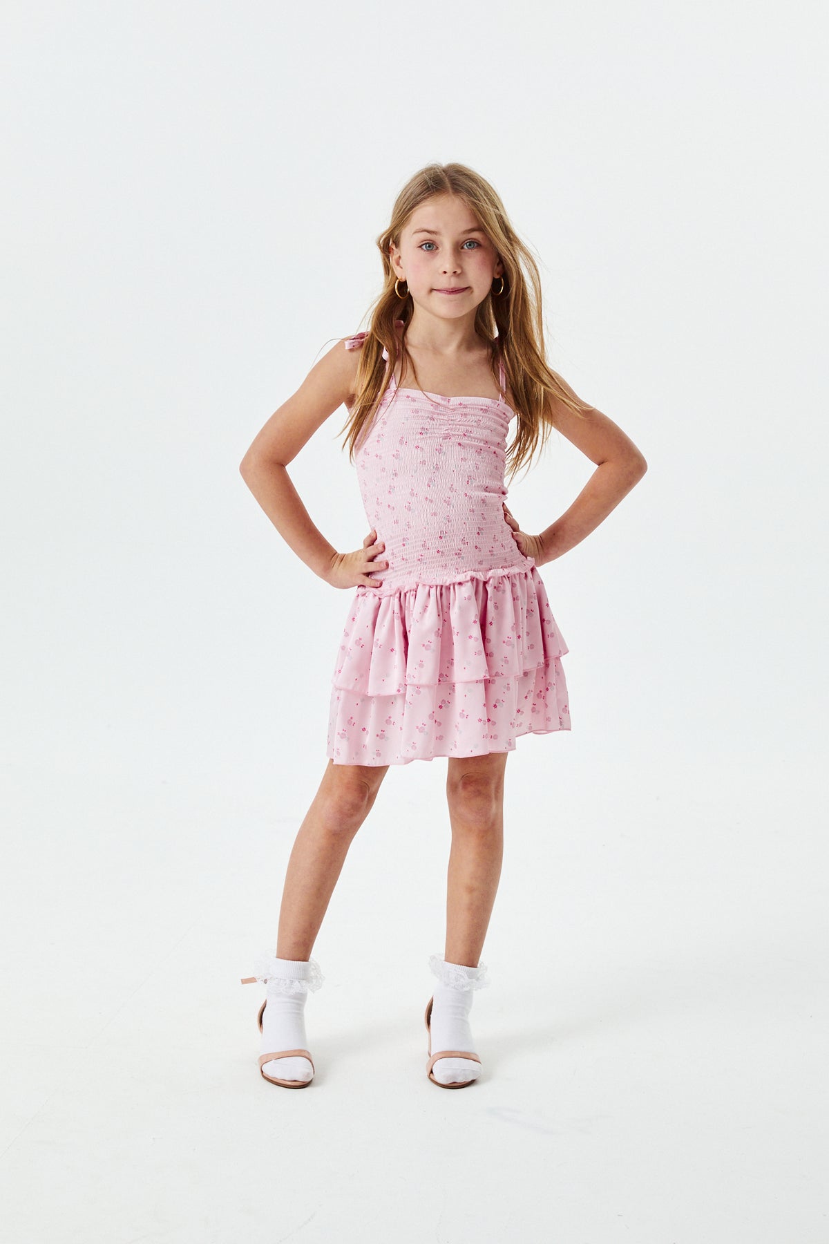 Lola Theme Ditsy Ballet Pink Satin Smocked Ruffle Dress