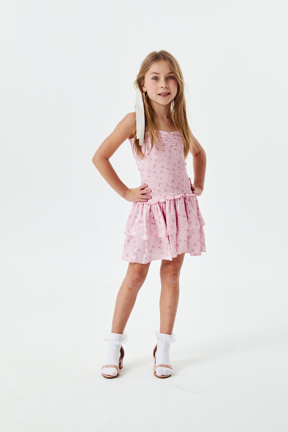 Lola Theme Ditsy Ballet Pink Satin Smocked Ruffle Dress