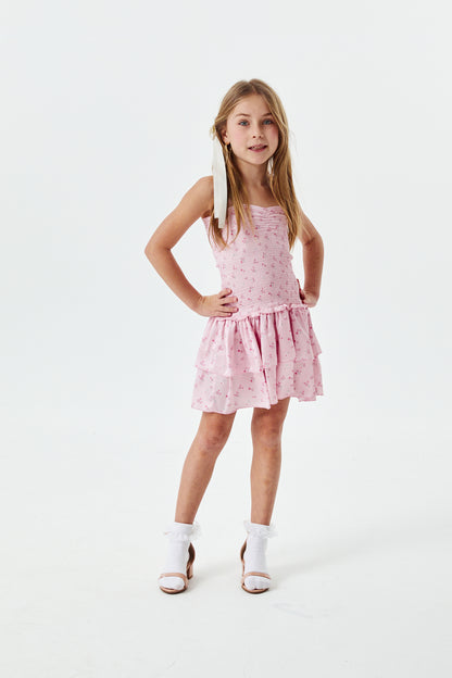 Lola Theme Ditsy Ballet Pink Satin Smocked Ruffle Dress