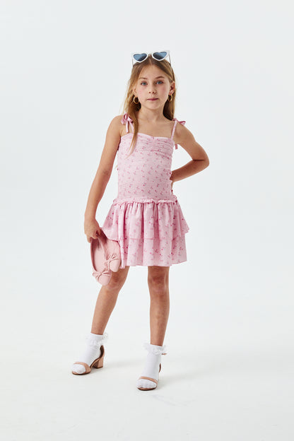 Lola Theme Ditsy Ballet Pink Satin Smocked Ruffle Dress