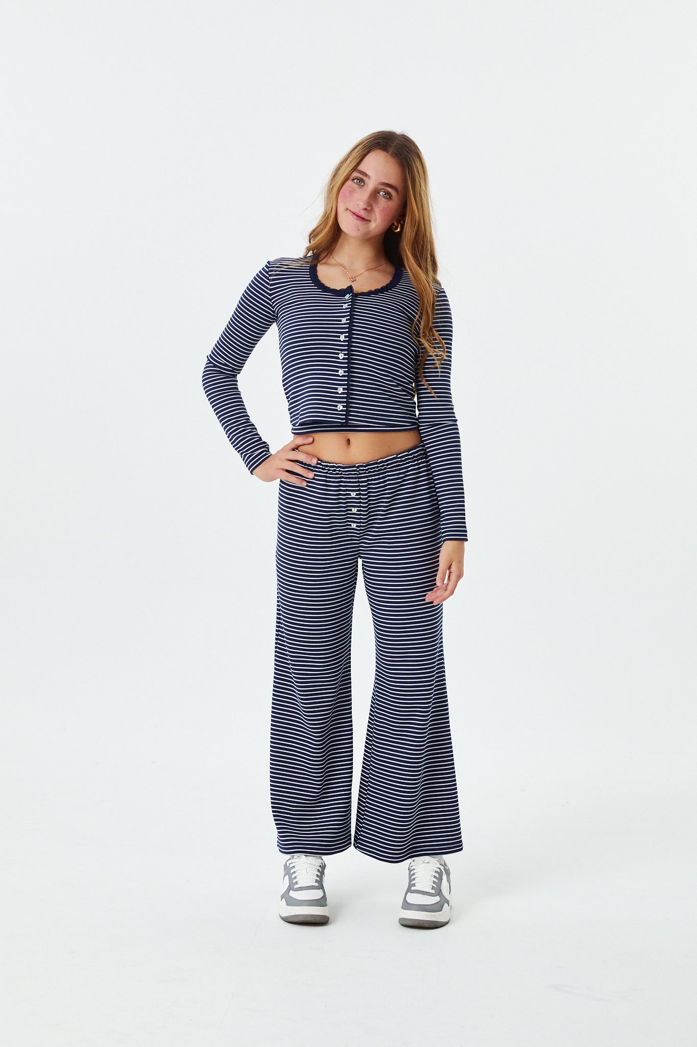 Dylan Navy and White Stripe Wide Leg Pants