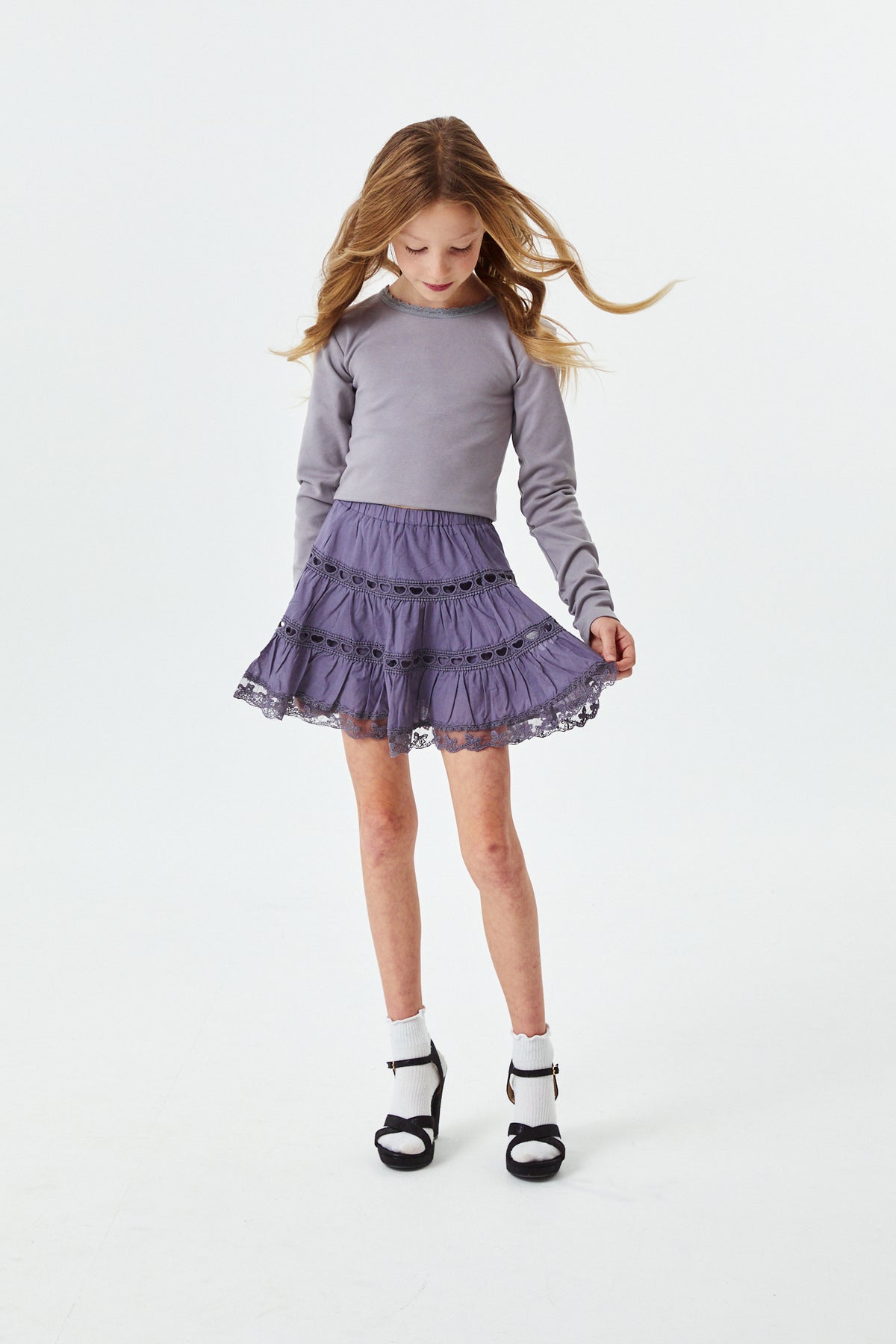 Sophia Light Grey Cotton Lace Heart Bow Lace Mini Skirt