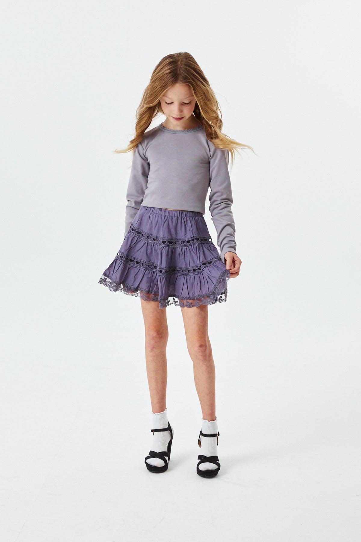 Sophia Light Grey Cotton Lace Heart Bow Lace Mini Skirt