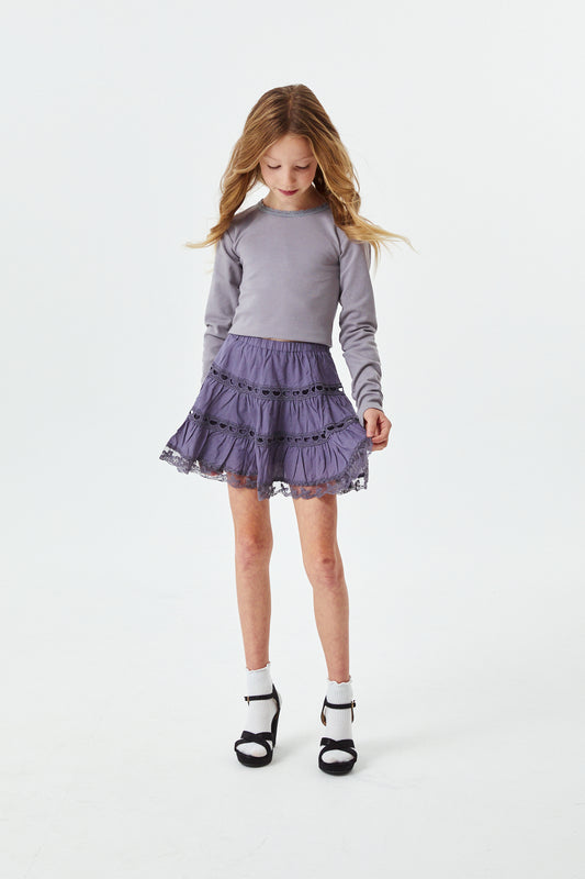 Sophia Light Grey Cotton Lace Heart Bow Lace Mini Skirt