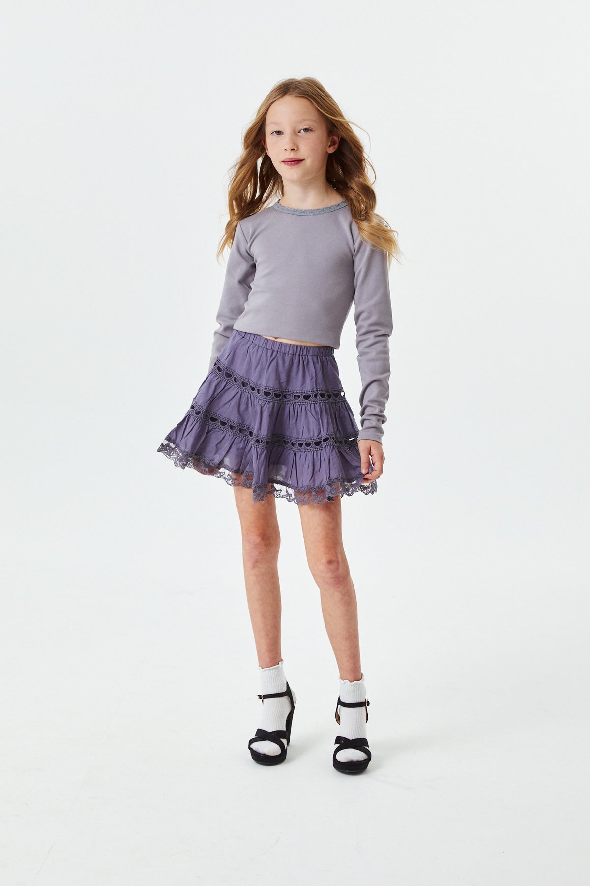 Sophia Light Grey Cotton Lace Heart Bow Lace Mini Skirt