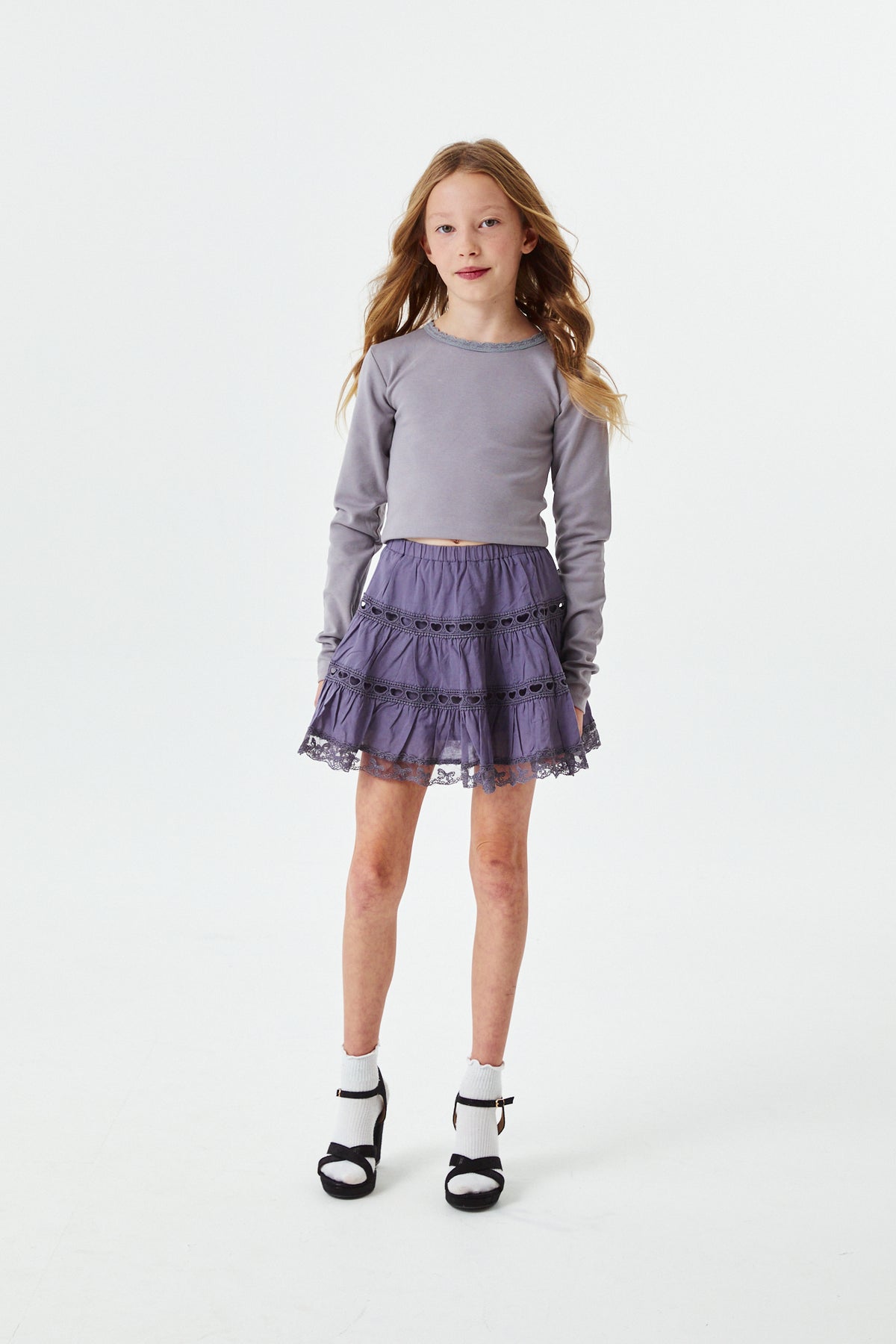 Sophia Light Grey Cotton Lace Heart Bow Lace Mini Skirt