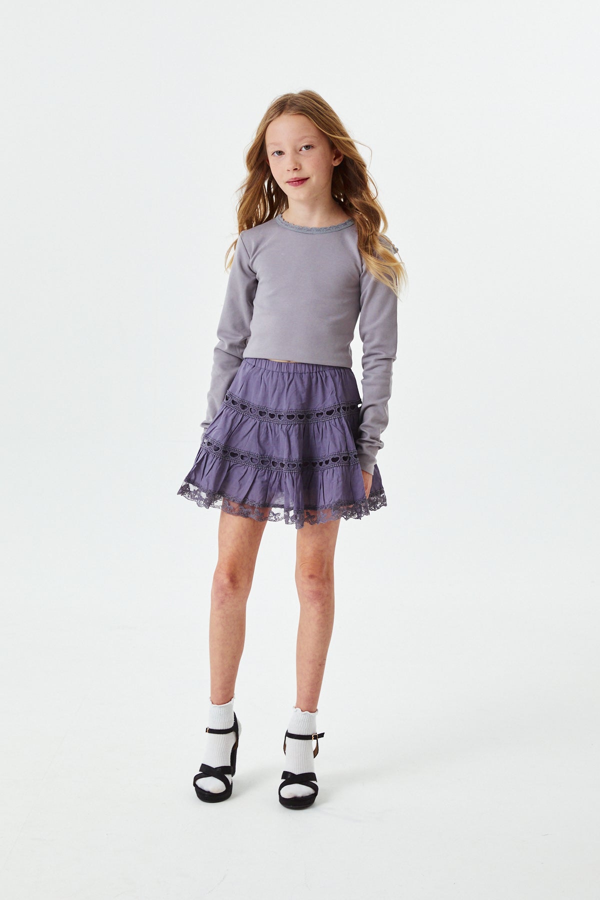 Sophia Light Grey Cotton Lace Heart Bow Lace Mini Skirt