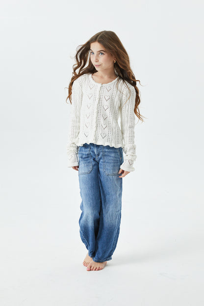 Ayla Creamy White Pointelle Knit Hearts Cardigan