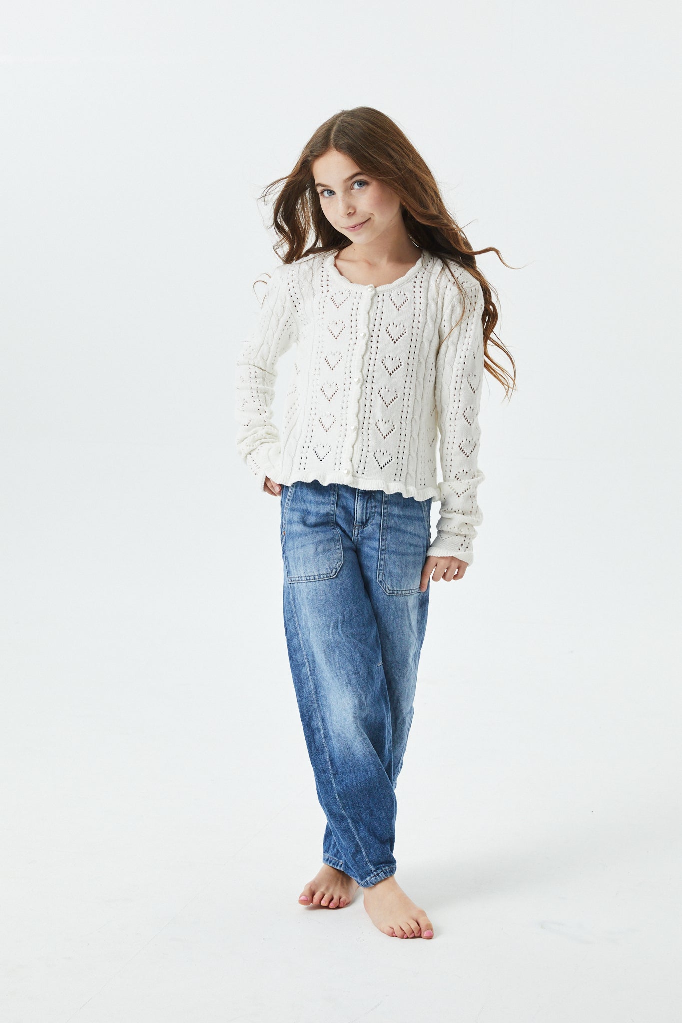 Ayla Creamy White Pointelle Knit Hearts Cardigan