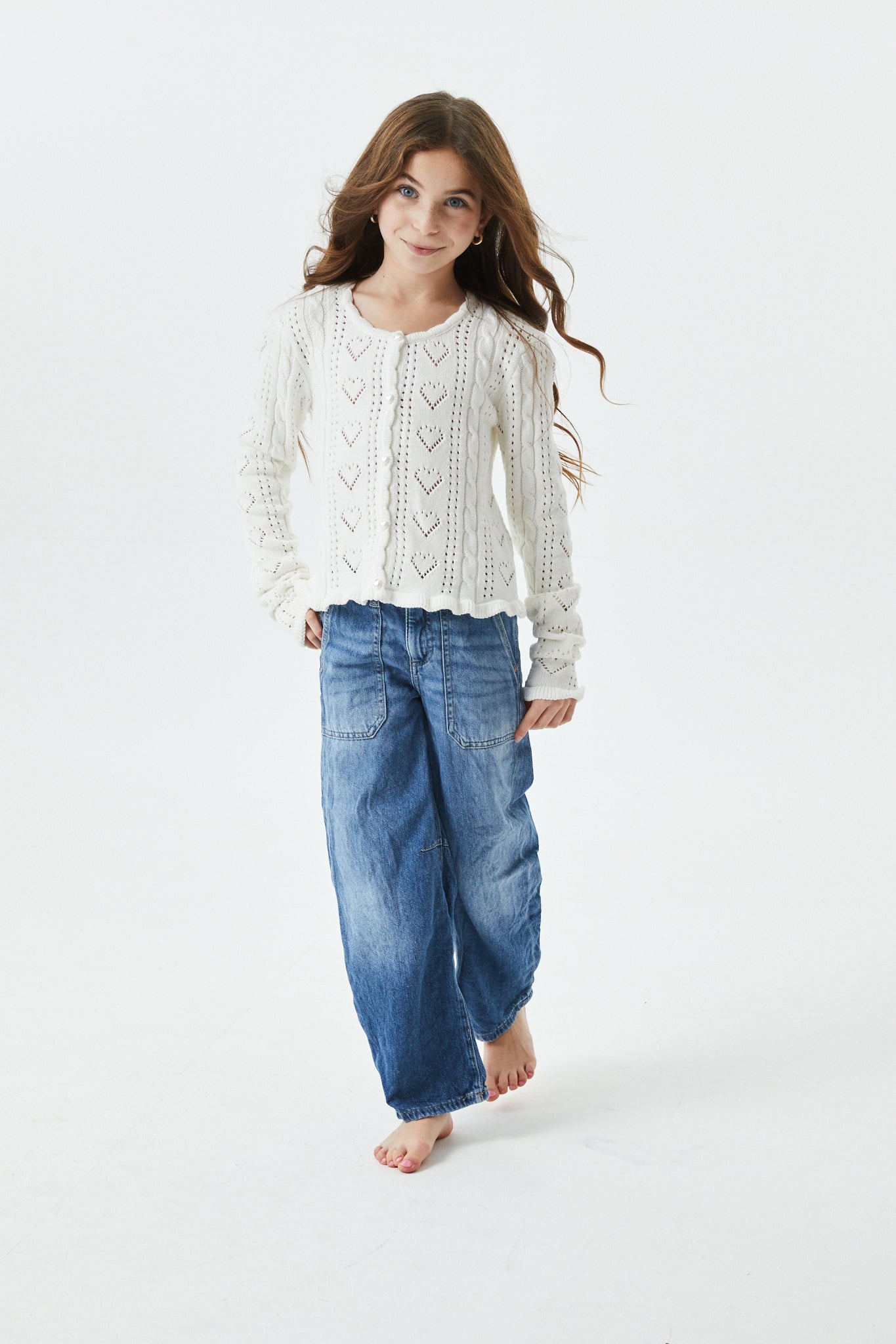 Ayla Creamy White Pointelle Knit Hearts Cardigan