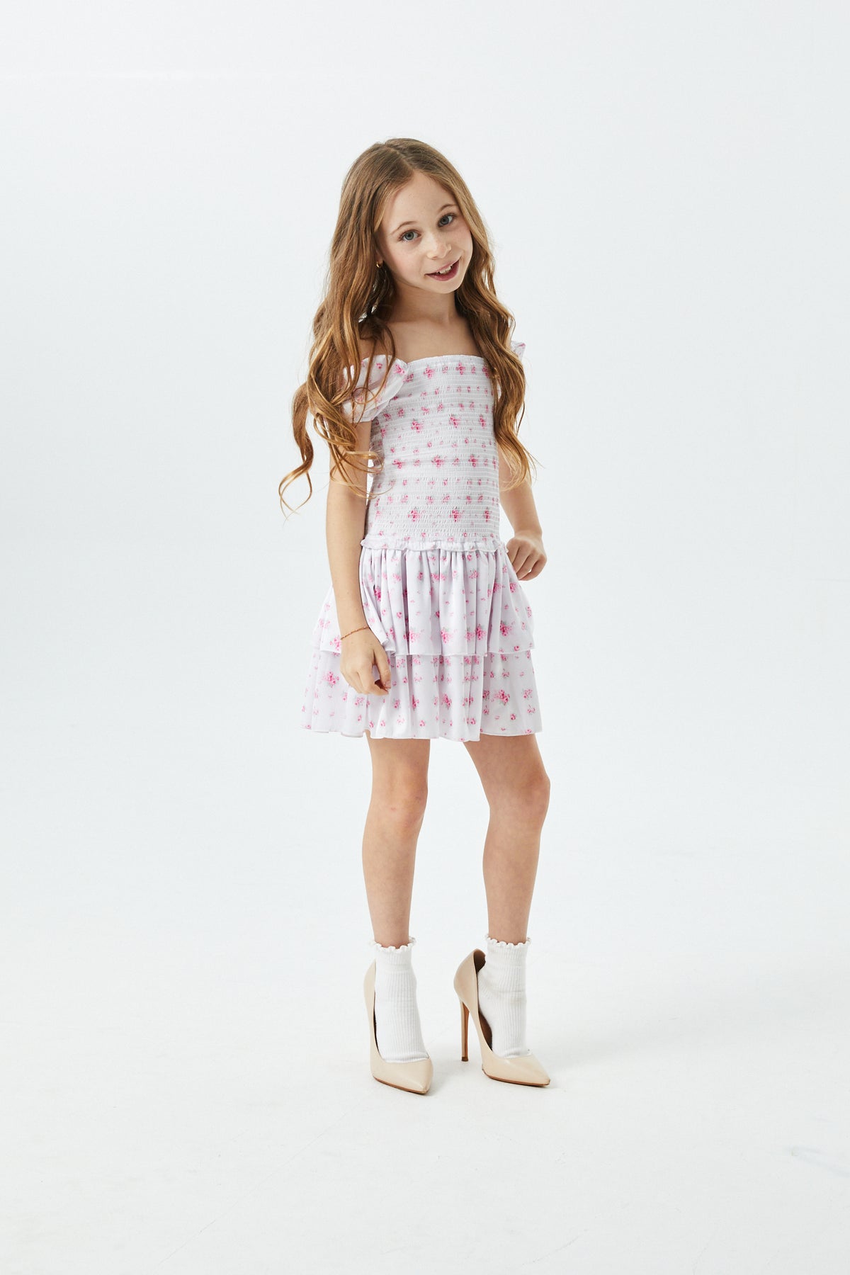Lexi English Rose - Resort Satin Smocked Short Sleeve Ruffle Dress