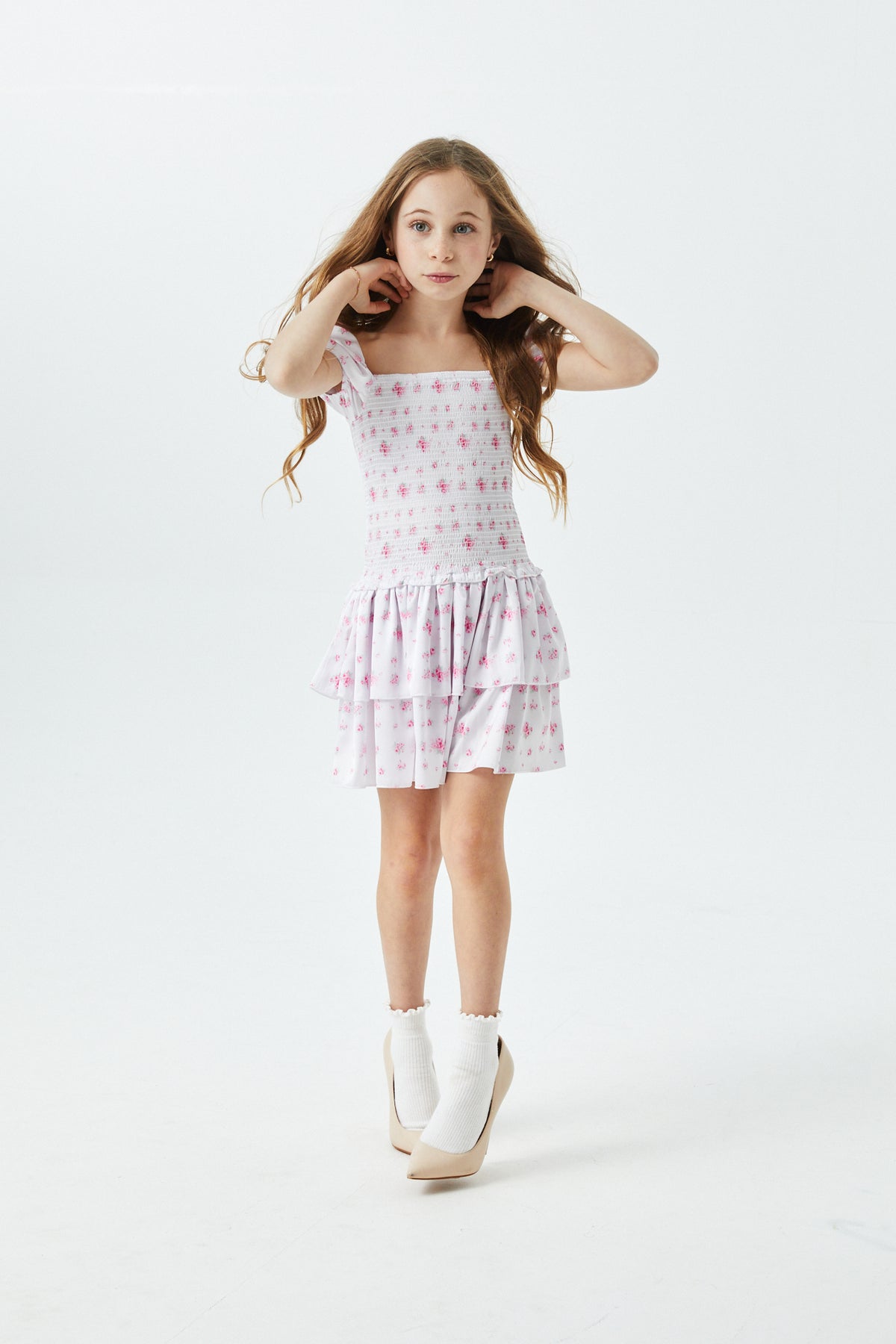 Lexi English Rose - Resort Satin Smocked Short Sleeve Ruffle Dress