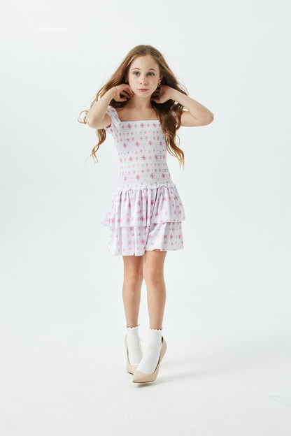 Lexi English Rose - Resort Satin Smocked Short Sleeve Ruffle Dress
