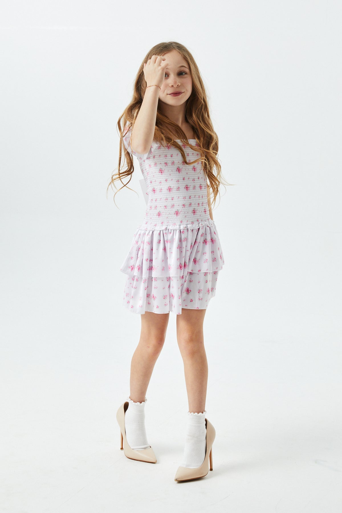Lexi English Rose - Resort Satin Smocked Short Sleeve Ruffle Dress